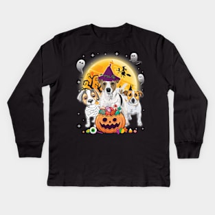 Jack Russell Terrier Dog Mummy Witch Moon Ghosts Happy Halloween Thanksgiving Merry Christmas Day Kids Long Sleeve T-Shirt